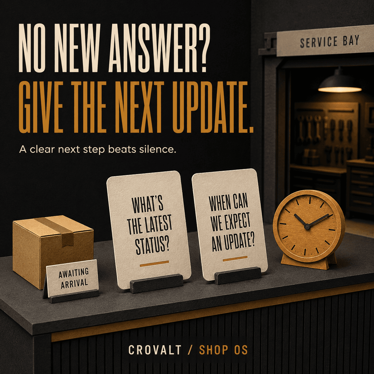Illustration of a customer update with status, next action, and next contact time