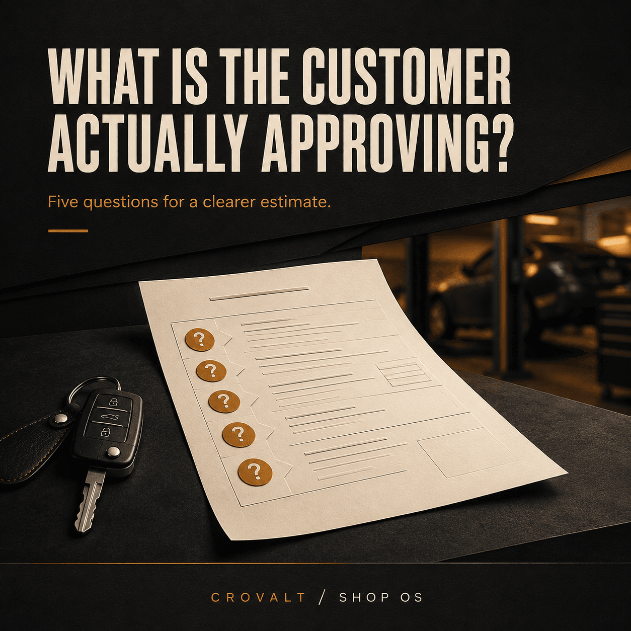 Five questions for a clearer estimate, illustrated with an estimate sheet and car keys.
