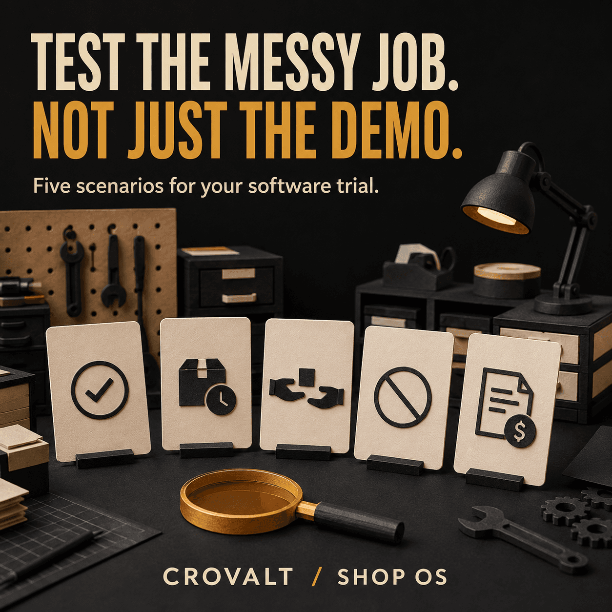 Illustrated shop software evaluation worksheet with five scenario checkpoints