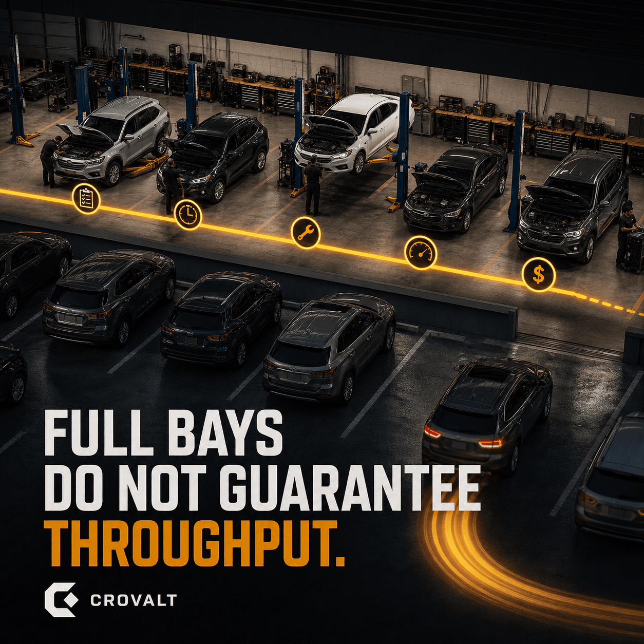 A full repair shop with a glowing workflow line showing why full bays do not guarantee throughput
