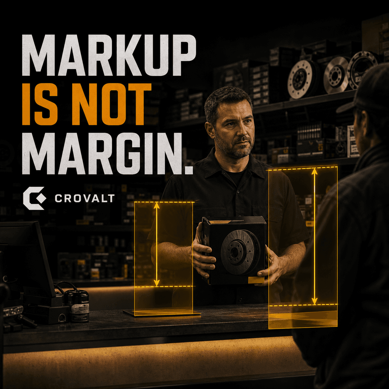 A parts counter showing two different measurement frames around the same part to explain markup versus margin