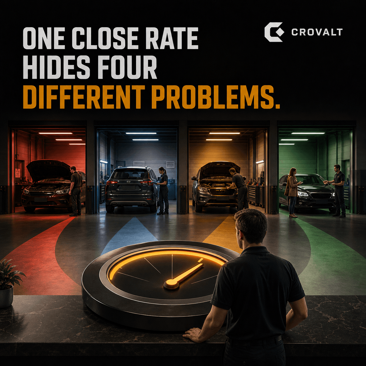 A service advisor facing four different repair decision paths hidden behind one blended close-rate gauge