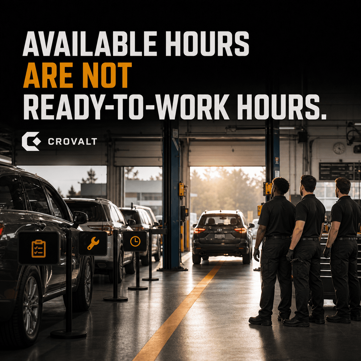 Technicians ready beside open bays while only one approved parts-ready vehicle can enter production