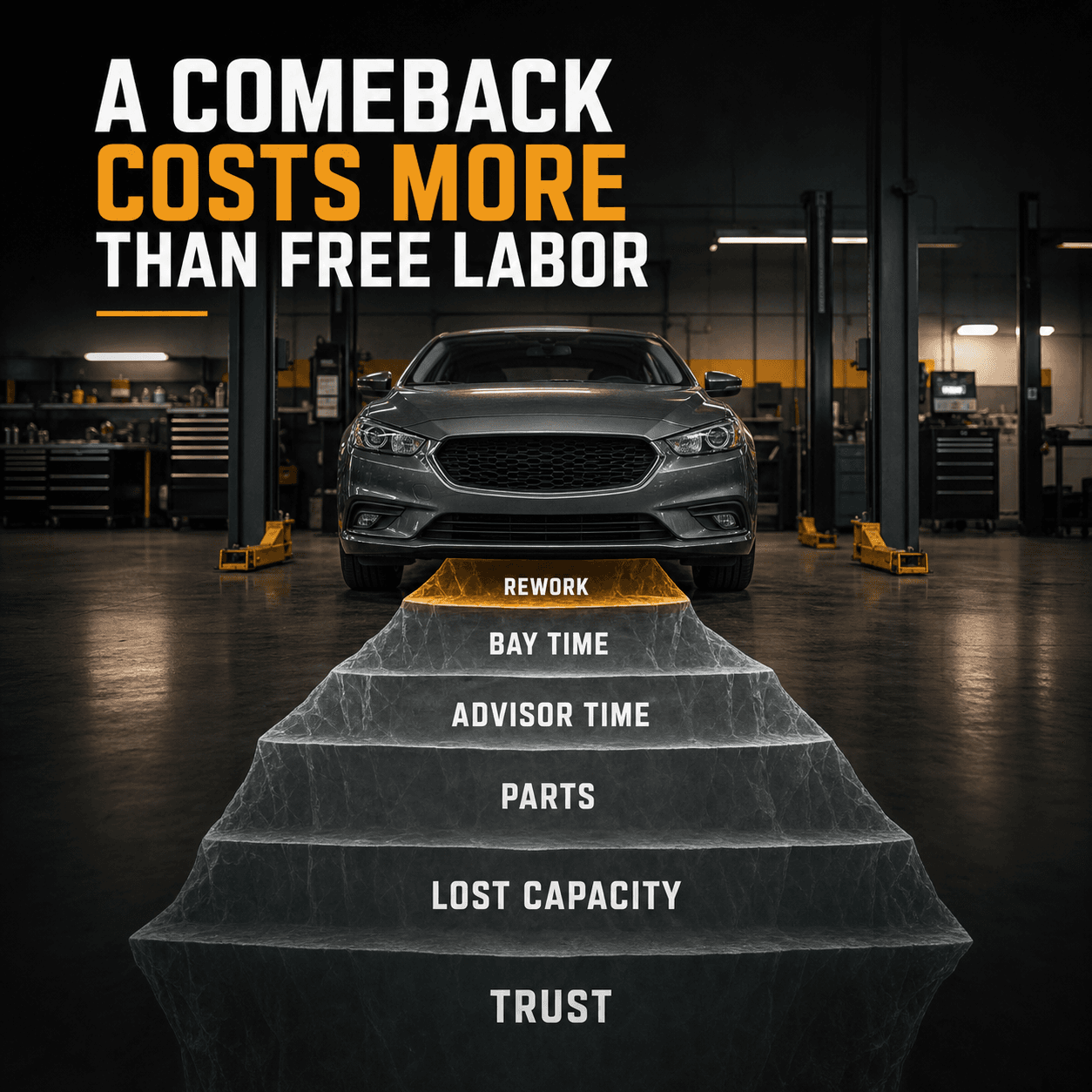 A comeback cost dashboard with bay time, admin time, parts, and customer trust called out